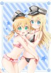  2girls anchor_hair_ornament bangs bikini bismarck_(kancolle) black_bikini blonde_hair blue_background blue_eyes blush bow bow_bikini breasts closed_mouth commentary_request criss-cross_halter eyebrows_visible_through_hair frilled_bikini frills green_eyes grey_headwear groin hair_ornament halterneck hand_on_another&#039;s_face hat highres hug kantai_collection leaning_forward leg_up long_hair looking_at_viewer medium_breasts medium_hair military_hat multiple_girls naname_yr8 navel open_mouth outside_border partial_commentary peaked_cap pink_bikini prinz_eugen_(kancolle) side-tie_bikini small_breasts smile standing standing_on_one_leg star_(symbol) string_bikini striped striped_background swimsuit twintails 