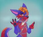  anthro blue_body blue_fur bodily_fluids collar digital_drawing_(artwork) digital_media_(artwork) fur glass gradient_background hair harness hi_res kivalewds licking male orange_eyes orange_hair paws portrait red_body red_fur saliva shaded simple_background solo thyke tongue tongue_out 