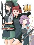  3girls :d absurdres alcohol animal_ears apron beer beer_mug black_hair brown_hair cat_ears cowboy_shot cup dual_wielding extra_ears food fruit grin hairband highres holding holding_cup holding_tray holding_weapon kaenbyou_rin komeiji_satori lemon lemon_slice long_hair looking_at_viewer machete mori_dobonua_(mordvna) mug multiple_girls orange_eyes purple_eyes purple_hair red_eyes red_hair reiuji_utsuho short_hair simple_background smile third_eye touhou tray twintails weapon white_background 