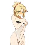  1girl absurdres blonde_hair blush breasts collarbone covered_navel cowboy_shot eyebrows_visible_through_hair eyes_visible_through_hair fate/apocrypha fate_(series) green_eyes gris_swimsuit highres hyperbudd meme_attire mordred_(fate) one-piece_swimsuit parted_lips ponytail see-through simple_background small_breasts solo swimsuit teeth wet white_background 