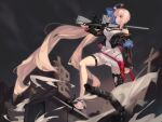  1girl absurdly_long_hair absurdres ahoge balance_(superdust) battle_rifle black_footwear black_jacket black_legwear blue_armband blue_bow blue_eyes blurry blurry_background blurry_foreground bow breasts closed_mouth commentary cropped_jacket debris dress dust fal_(girls&#039;_frontline) fn_fal full_body girls&#039;_frontline gun hair_bow highres holding holding_gun holding_weapon jacket large_breasts long_hair long_sleeves off_shoulder outdoors pink_hair rifle ruins short_dress solo thigh_strap thighhighs very_long_hair weapon white_dress 