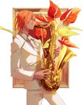  1boy ashwatthama_(fate) bangs commentary_request dark-skinned_male dark_skin fate/grand_order fate_(series) flower highres holding instrument long_hair long_sleeves male_focus muscular muscular_male pants red_hair sakuramochi1003 saxophone solo white_pants yellow_eyes 