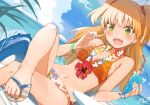  1girl bikini blonde_hair blue_nails breasts cleavage cup drinking_glass drinking_straw eyebrows_visible_through_hair fangs flip-flops floral_print flower flower_necklace green_eyes highres holding holding_cup idolmaster idolmaster_cinderella_girls jewelry jougasaki_rika long_hair looking_at_viewer nail_polish navel necklace orange_bikini sandals small_breasts solo swimsuit teeth upper_teeth yanngoto 