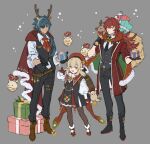  1girl 2boys alternate_costume animal_ears antlers backpack bag black_footwear black_gloves black_legwear black_necktie black_pants black_vest blonde_hair blue_eyes blue_hair boots box brown_footwear christmas closed_mouth coat dark-skinned_male dark_skin diluc_(genshin_impact) dodoco_(genshin_impact) dress genshin_impact gift gift_box gloves grey_background hair_between_eyes highres holding holding_gift holding_sack kaeya_(genshin_impact) klee_(genshin_impact) long_hair low_twintails multicolored_hair multiple_boys necktie open_mouth pants pantyhose papajay_(jennygin2) pointy_ears pom_pom_(clothes) ponytail red_coat red_eyes red_footwear red_gloves red_hair sack shirt sidelocks simple_background standing streaked_hair symbol-only_commentary twintails vest white_shirt 