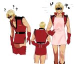  1boy ? adjusting_clothes apron blonde_hair boots closed_mouth commentary gloves gundam hand_on_hip highres male_focus military military_uniform multiple_views pink_apron quattro_vageena red_footwear red_gloves shishanmo simple_background sleeveless sunglasses sweat uniform white_background zeta_gundam 