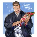  1boy bara brown_eyes brown_hair commentary_request facial_hair hagoita hakama highres japanese_clothes male_focus mature_male muscular muscular_male open_mouth original paddle short_hair smile solo spiked_hair stubble thick_eyebrows tofu_(tofulabo) 