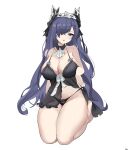  1girl :o absurdres alternate_costume ascot august_von_parseval_(azur_lane) azur_lane babydoll bare_legs barefoot black_babydoll black_camisole black_panties blue_eyes blue_hair breasts camisole chinese_commentary cleavage detached_collar english_commentary full_body groin hair_between_eyes hair_over_one_eye highres horns large_breasts long_hair looking_at_viewer maid_headdress midriff mixed-language_commentary nico-weiyan open_mouth panties see-through seiza signature simple_background sitting sleepwear solo strap_pull thighs underwear white_ascot white_background wing_collar 