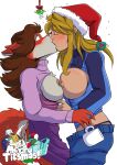  anthro blonde_hair blush breasts brown_hair canid canine christmas christmas_clothing christmas_headwear claws clothed clothing container cup disney duo eyes_closed female female/female female_on_anthro fluffy fluffy_tail fox fur hair hat headgear headwear hi_res holidays human human_on_anthro interspecies kissing light-skinned_female maid_marian mammal metroid multicolored_body multicolored_fur nintendo nipples orange_body orange_fur partially_clothed robin_hood_(disney) samus_aran santa_hat two_tone_body two_tone_fur video_games white_body white_fur yawg 