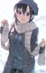  1girl absurdres black_hair black_legwear blush bokutachi_no_remake character_request eyebrows_visible_through_hair hair_ornament hairclip highres looking_at_viewer open_mouth pantyhose purple_eyes scarf short_hair smile snow snowing solo white_scarf yanngoto 