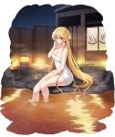  1girl absurdres alternate_costume blonde_hair breasts cleavage counter:side fione_lowell hand_on_own_cheek hand_on_own_face highres lantern long_hair naked_towel official_alternate_costume official_art onsen outdoors partially_submerged red_eyes sitting sky solo star_(sky) starry_sky towel 