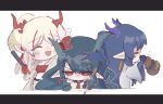  3girls :d =_= ^_^ afterimage arknights bangs blue_hair blush_stickers closed_eyes collared_shirt commentary_request cosinecocosine dusk_(arknights) eyebrows_visible_through_hair gourd green_hair hair_between_eyes headpat highres holding holding_paintbrush horns jacket letterboxed ling_(arknights) multicolored_hair multiple_girls necktie nian_(arknights) open_clothes open_jacket paintbrush pointy_ears ponytail profile red_eyes red_hair red_necktie shirt siblings simple_background sisters sleeveless sleeveless_shirt smile streaked_hair tail v-shaped_eyebrows white_background white_hair white_jacket white_shirt 