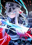  1girl absurdres armor armored_skirt azur_lane black_coat black_headwear blue_eyes breastplate coat coat_on_shoulders hair_over_one_eye hat highres holding holding_sheath holding_sword holding_weapon long_hair looking_at_viewer magic military_hat multicolored_hair odin_(azur_lane) open_clothes open_coat peaked_cap red_hair sheath solo streaked_hair sword take_yaki two-tone_hair unsheathing upper_body weapon white_hair wing_collar 