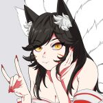  1girl ahri_(league_of_legends) animal_ear_fluff animal_ears bangs bare_shoulders black_hair breasts cleavage collarbone detached_sleeves eyebrows_visible_through_hair facial_mark fox_ears fox_tail grey_background hand_gesture hands_up highres hiyari_(hiyarilol) large_breasts league_of_legends long_hair looking_at_viewer nail_polish orange_eyes pout red_nails shiny shiny_hair solo tail vastaya whisker_markings 