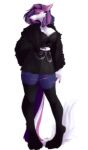  alexandra_reznova anthro black_clothing bottomwear claws clothing female green_eyes purple_body sekaitoroto sergal skirt solo thick_thighs white_body 