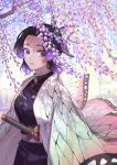  1girl absurdres animal_print bangs belt black_hair blush buckle bug butterfly butterfly_hair_ornament butterfly_print buttons closed_mouth commentary_request dated eyelashes flower gradient_hair hair_ornament hand_on_hilt haori highres holding holding_sword holding_weapon japanese_clothes katana kazuimo15s kimetsu_no_yaiba kochou_shinobu lips long_sleeves multicolored_hair pocket purple_eyes purple_hair scabbard sheath short_hair sidelocks simple_background smile solo standing sword uniform unsheathing weapon white_belt wisteria 