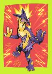  black_eyes border bright_pupils commentary full_body green_border half-closed_eye highres looking_at_viewer pkpokopoko3 pokemon pokemon_(creature) solo standing toes tongue tongue_out toxtricity toxtricity_(amped) 