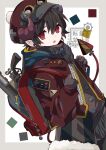  1boy backpack bag black_hair bloomminority demon_boy demon_horns demon_tail fang fantasy gloves highres horns long_sleeves looking_at_viewer male_focus mechanical_tail original pale_skin pointy_ears red_eyes solo steampunk tail 