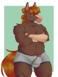  absurd_res anthro biggslorp bodily_fluids bulge chubby_male clothed clothing colored digital_media_(artwork) equid equine fur hair hi_res horse male mammal nipples overweight overweight_male simple_background slightly_chubby solo sweat underwear 