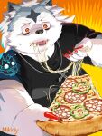  2022 anthro black_nose canid canine canis clothing duo eating food grey_body hi_res humanoid_hands kemono male mammal nikiciy overweight overweight_male pizza shirt tongue tongue_out topwear white_body wolf 