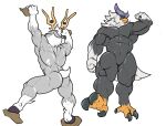  2022 anthro back_muscles barazoku braviary climbing duo flexing hi_res looking_at_viewer looking_back male muscular muscular_male muscular_thighs nintendo pok&eacute;mon pok&eacute;mon_(species) simple_background trencalos video_games wyrdeer 