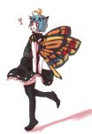  ! 1girl adapted_costume antennae aqua_hair bad_id bad_pixiv_id black_dress black_legwear blush butterfly_wings dress eternity_larva fairy full_body leaf leaf_on_head one_eye_closed open_mouth red_eyes short_hair short_sleeves simple_background single_strap skyw solo thighhighs third-party_source touhou white_background wings 
