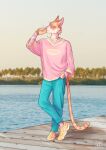 absurd_res anthro baggy_clothing baggy_topwear cinnamomo clothing container cup dock domestic_cat felid feline felis footwear hi_res holding_cup holding_object male mammal sea shoes sipping sneakers solo topwear water 