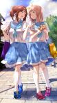  2girls :o absurdres bag bangs blonde_hair blue_footwear blue_neckerchief blue_sailor_collar blue_skirt blush brown_hair building cloud green_eyes hair_ribbon hibike!_euphonium highres holding holding_bag kitauji_high_school_uniform kneehighs kuziaaizuk long_hair looking_at_another multiple_girls nakagawa_natsuki neckerchief open_mouth outdoors pink_footwear pleated_skirt ponytail purple_eyes ribbon sailor_collar sample school_uniform serafuku shirt shoes short_sleeves skirt sky smile sneakers standing tree white_legwear white_shirt yellow_ribbon yoshikawa_yuuko 