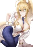  1girl absurdres ahoge animal_ears artoria_pendragon_(fate) artoria_pendragon_(swimsuit_ruler)_(fate) arturaxia bangs bare_shoulders blonde_hair blue_legwear blush braid breasts cleavage clothing_cutout detached_collar fate/grand_order fate_(series) feather_boa fishnet_legwear fishnets french_braid green_eyes hair_between_eyes highleg highleg_leotard highres large_breasts leotard long_hair looking_at_viewer navel navel_cutout necktie playboy_bunny ponytail rabbit_ears sidelocks smile solo thighs tiara white_leotard wrist_cuffs 