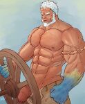  1boy abs absurdres aegir_(housamo) aer_(aertandstuff) aqua_hair bara beard blue_eyes brown_pants chain dark-skinned_male dark_skin facial_hair fins foreskin grin highres large_pectorals male_focus mature_male multicolored_hair muscular muscular_male navel nipples no_male_underwear open_fly pants pectorals penis short_hair smile smirk solo stomach streaked_hair sunglasses tokyo_afterschool_summoners topless_male uncensored veins veiny_penis wheel white_hair 