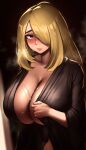  1girl adjusting_clothes bathrobe blonde_hair breasts cleavage cynthia_(pokemon) english_commentary hair_over_one_eye highres huge_breasts long_hair looking_at_viewer pokemon pokemon_(game) pokemon_dppt robe roresu standing steam sweat very_long_hair 