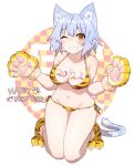  1girl 2022 animal_ear_fluff animal_ears animal_hands animal_print bikini blue_hair blush breasts cat_ears cat_tail chinese_zodiac cleavage collarbone eyebrows_visible_through_hair gloves groin happy_new_year highres kneeling large_breasts looking_at_viewer navel new_year one_eye_closed orange_eyes original paw_gloves paw_shoes ryota_tentei scar scar_across_eye scar_on_cheek scar_on_face short_hair shorts solo swimsuit tail tiger_print tora_tentei year_of_the_tiger 