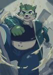  2022 anthro belly bottomwear canid canine canis clothing domestic_dog green_body hayatom1121 hi_res humanoid_hands kemono lifewonders live-a-hero male mammal mokdai navel overweight overweight_male pants shirt solo topwear video_games visor 