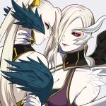  2girls bangs bare_shoulders black_sclera blonde_hair breasts cleavage colored_sclera coven_morgana coven_zyra detached_sleeves earrings feathered_wings feathers hair_ornament hand_on_another&#039;s_neck hiyari_(hiyarilol) jewelry large_breasts league_of_legends long_hair looking_at_viewer lower_teeth morgana_(league_of_legends) multiple_girls nail_polish pale_skin ponytail profile red_eyes sideways_glance simple_background smile teeth upper_body white_nails wings yellow_eyes zyra 