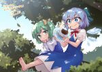  2girls barefoot blue_bow blue_dress blue_eyes blue_hair bow branch candy chocolate cirno collared_dress collared_shirt commentary_request daiyousei day dress eating eyebrows_visible_through_hair eyelashes fairy_wings food food_on_face green_eyes green_hair hair_bow hair_ribbon heart heart-shaped_chocolate heebee ice ice_wings in_tree juliet_sleeves leaf light_rays long_sleeves looking_at_another multiple_girls neck_ribbon one_side_up pinafore_dress puffy_sleeves red_ribbon ribbon shirt short_hair sitting sitting_in_tree smile touhou tree wing_collar wings yellow_bow 