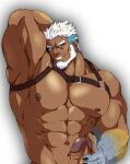  1boy abs aegir_(housamo) aqua_hair arm_behind_head armpits bad_id bad_twitter_id bara bare_pectorals beard blue_eyes bottomless chest_harness dark-skinned_male dark_skin erection facial_hair fins harness kito_(clamp5656) large_pectorals large_penis looking_at_viewer male_focus mature_male multicolored_hair muscular muscular_male nipples pectorals penis short_hair smirk solo stomach streaked_hair thick_eyebrows tokyo_afterschool_summoners uncensored upper_body white_hair 