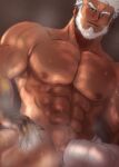  1boy abs aegir_(housamo) aqua_hair bara beard blue_eyes blush bulge cowboy_shot dark-skinned_male dark_skin erection erection_under_clothes facial_hair from_below highres large_pectorals looking_at_viewer makoto_kidai male_focus male_pubic_hair mature_male multicolored_hair muscular muscular_male naked_towel navel nipples pectorals penis penis_peek pubic_hair sauna short_hair smile solo steam stomach streaked_hair sweat thick_thighs thighs tokyo_afterschool_summoners topless_male towel wet white_hair 
