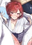  1girl 92m ahoge bangs breasts cleavage cloud eyebrows_visible_through_hair fingernails highres large_breasts looking_at_viewer lying night night_sky on_side pillow pink_eyes red_hair short_hair sky smile solo under_covers 
