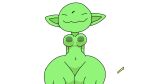  animated belly colored eyes_closed female goblin green_body green_skin grin hi_res humanoid humanoid_pointy_ears navel plap riding round_breasts smile solo text thebombshell5 thick_thighs 