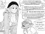  1boy 1girl absurdres bb_(baalbuddy) blush breasts cleavage collarbone cryptocurrency elf glasses goblin greyscale highres large_breasts looking_at_another monochrome open_mouth original pointy_ears rectangular_eyewear smile speech_bubble translation_request 