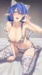  1girl animal_ears animal_print bangs bikini blue_eyes blue_hair blue_nails blush breasts cleavage collarbone commentary_request elf eyebrows_visible_through_hair fang fur_trim hand_up highres large_breasts looking_at_viewer nail_polish navel open_mouth original pallad pointy_ears sitting skin_fang solo swimsuit tail thighhighs thighs tiger_ears tiger_print tiger_tail wariza 