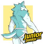  anthro brand_new_animal butt canid canine canis clothing hi_res jockstrap jrjresq looking_back male mammal rear_view shirou_ogami simple_background solo studio_trigger underwear white_background wolf yellow_background 