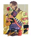  1boy apex_legends belt black_belt border brown_eyes brown_hair brown_scarf chinese_commentary facial_hair facial_mark flower forehead_mark goatee highres holding holding_flower jacket looking_down male_focus mirage_(apex_legends) one_eye_closed outside_border parted_lips red_flower red_rose rose scarf smile solo spade_(shape) watermark white_border yellow_jacket yitiao_da_shu 