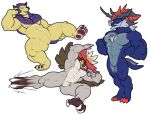  2022 absurd_res anthro barazoku decidueye flexing group hi_res kick lying male muscular muscular_male nintendo on_back pok&eacute;mon pok&eacute;mon_(species) samurott simple_background trencalos typhlosion video_games 