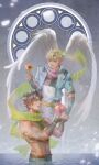  2boys abs angel_wings bare_shoulders battle_tendency blonde_hair blue_eyes brown_hair bubble caesar_anthonio_zeppeli chest_protector crop_top crying facial_mark feather_hair_ornament feathers fingerless_gloves gloves green_eyes green_scarf groin hair_ornament headband highres homil22 jojo_no_kimyou_na_bouken joseph_joestar joseph_joestar_(young) male_focus midriff multiple_boys partially_submerged scarf solo stained_glass striped striped_scarf tears triangle_print wings 