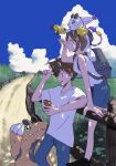  1boy 1girl agumon backpack bag breasts brother_and_sister brown_hair cellphone chiyu1995 cloud commentary_request digimon digimon_adventure digimon_adventure_tri. eyewear_on_head green_eyes highres holding holding_phone open_mouth pants phone pointing road round_eyewear shirt shorts siblings sky sunglasses t-shirt tailmon tree_shade white_shirt yagami_hikari yagami_taichi 
