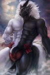  abs anthro balls banni_art biceps black_body black_fur bulge clothing dragon flaccid fur genitals gesture hair hi_res horn looking_at_viewer male nipples outside pecs penis pointing pointing_at_penis solo underwear vein veiny_penis water white_body white_fur 
