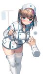  1girl absurdres black_choker blue_eyes blush breasts choker disembodied_limb hat highres holding_hands interlocked_fingers large_breasts looking_at_viewer multicolored_hair nurse nurse_cap ranf simple_background solo_focus standing stethoscope thighhighs thighs white_background white_headwear white_legwear 