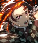  1boy anasa3 black_hair black_jacket bright_pupils checkered_haori earrings fire flaming_sword flaming_weapon gradient_hair haori highres holding holding_sword holding_weapon jacket japanese_clothes jewelry kamado_tanjirou katana kimetsu_no_yaiba long_sleeves lower_teeth male_focus multicolored_hair official_style parted_lips red_eyes red_hair scar scar_on_face scar_on_forehead solo spiked_hair sweatdrop sword teeth tongue twitter_username upper_body upper_teeth weapon white_pupils 