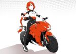  biker_clothes black_gloves bow braid gloves ground_vehicle hair_bow helmet highres holding holding_helmet long_hair motor_vehicle motorcycle motorcycle_helmet okazaki_yumemi red_eyes red_hair stank touhou touhou_(pc-98) very_long_hair white_bow 