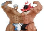  2boys abs aegir_(housamo) anchor_earrings aqua_hair bara beard biceps blue_eyes body_hair bulge chest_hair commission dark-skinned_male dark_skin earrings eye_contact facial_hair fins fire fish_boy flexing glowing glowing_eyes groin helmet highres jewelry large_bulge large_pectorals looking_at_another male_focus male_swimwear mature_male multicolored_hair multiple_boys muscular muscular_male navel nipples no_nipples p2yong pectorals pose second-party_source short_hair single_earring stomach streaked_hair sunglasses surtr_(housamo) swim_briefs thick_thighs thighs tokyo_afterschool_summoners topless_male underwear underwear_only veins white_background white_hair white_male_swimwear yaoi 